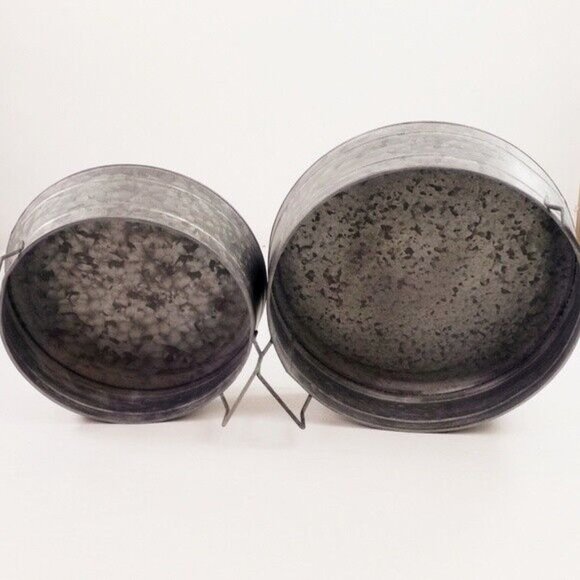 Farmhouse Galvanized Metal Storage Trays Buckets With Handles Set-2 Piece - Picture 3 of 8